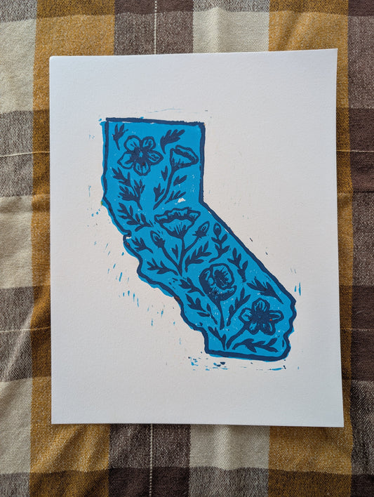 California Poppy - Linoprint (Blue)